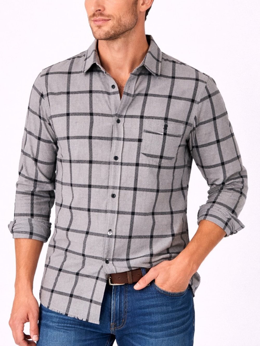 Storia Plaid Button Front Top Women’s Medium Frayed Hem Shirt